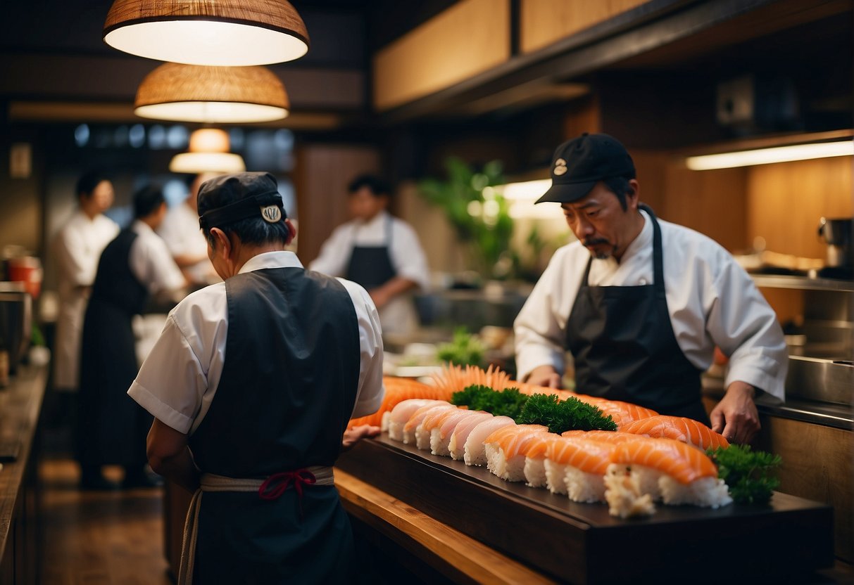 A traditional sushi bar with fresh fish and expert chefs in Kyoto