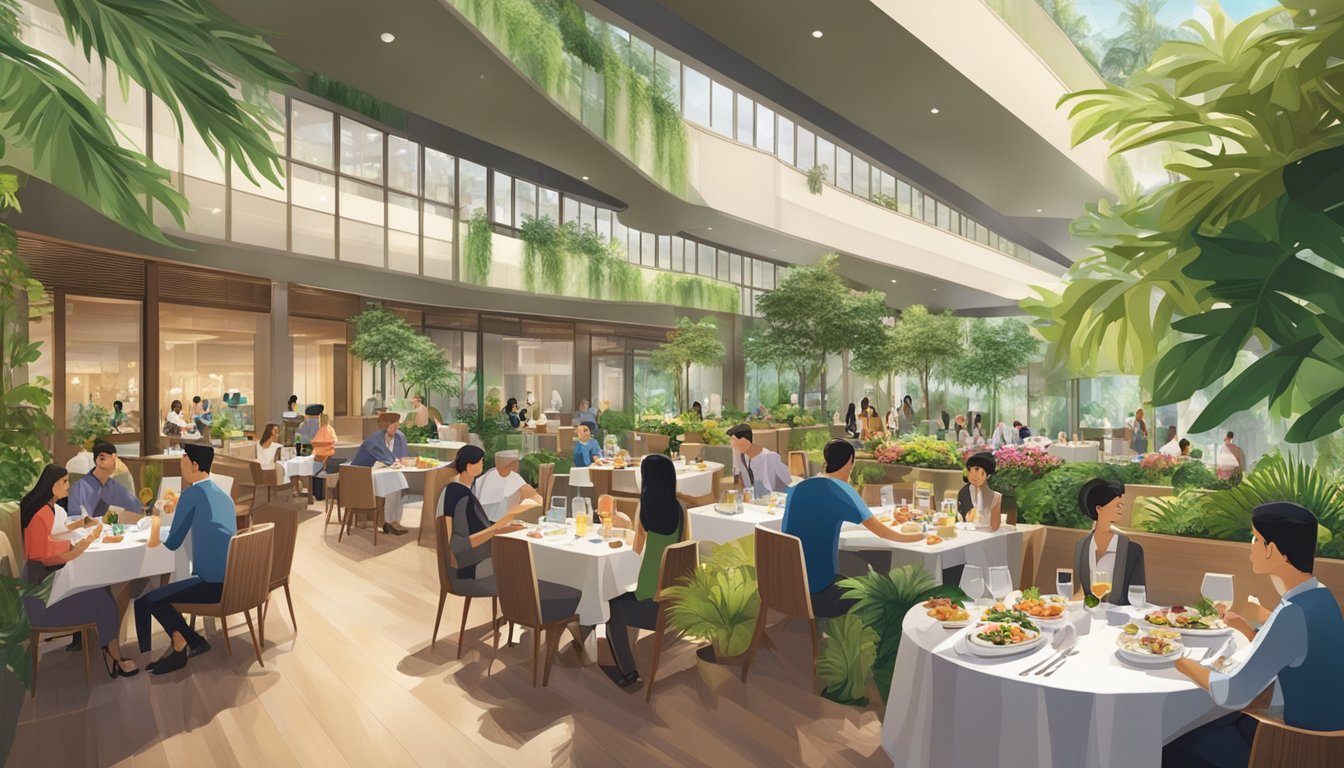 The bustling atrium of Holiday Inn Singapore is filled with diners enjoying a meal at the atrium restaurant, surrounded by lush greenery and modern decor