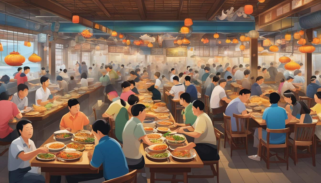 The bustling jin hock seafood restaurant, with steaming pots and sizzling woks, surrounded by hungry diners and colorful seafood displays