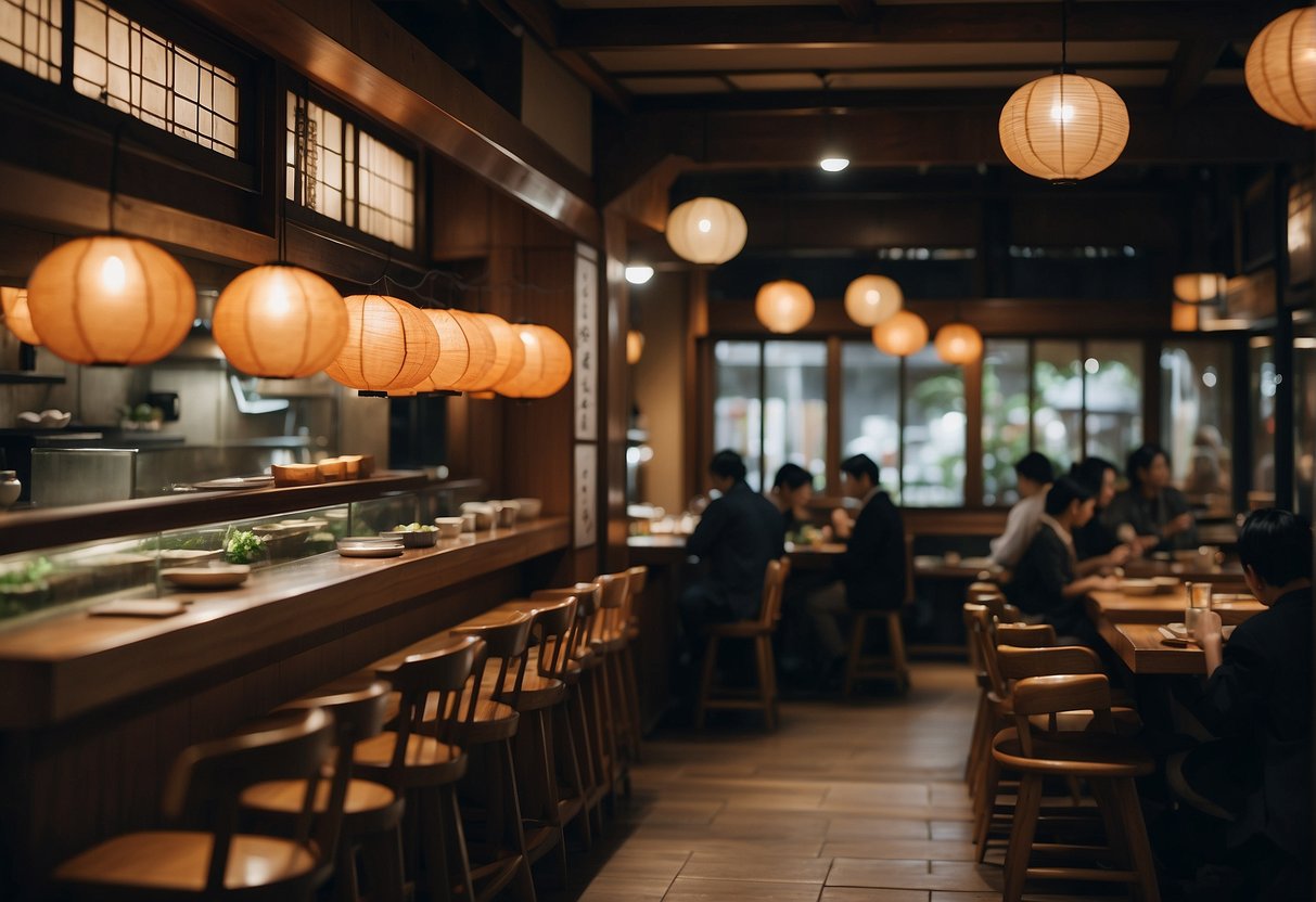 A serene Kyoto sushi bar with traditional decor and patrons quietly enjoying their meals
