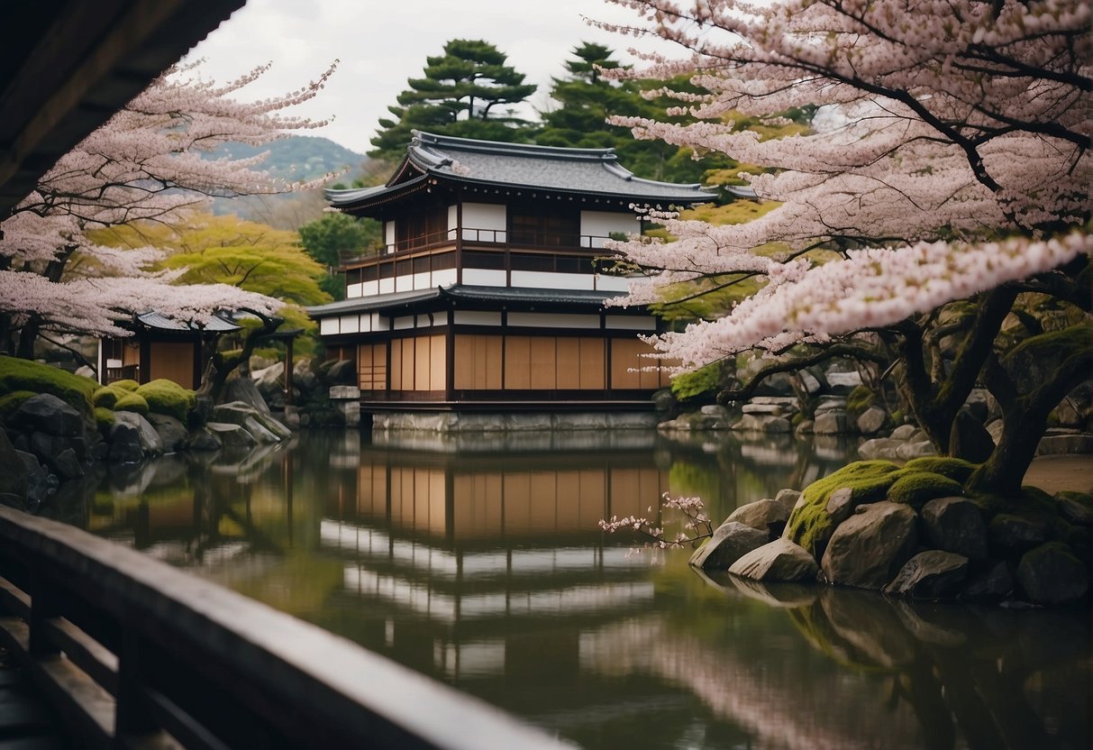 A traditional Japanese ryokan nestled among cherry blossoms with a view of Kyoto's ancient temples and lush gardens