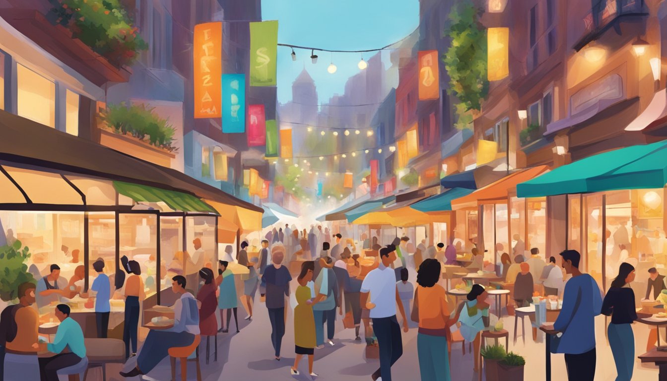 A bustling street lined with diverse eateries, colorful signage, and bustling crowds. Outdoor seating, aromatic flavors, and vibrant energy fill the air