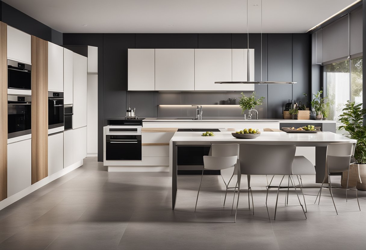 A sleek, spacious kitchen with cutting-edge appliances and minimalist design. Clean lines, high-end finishes, and ample natural light create a luxurious and inviting space