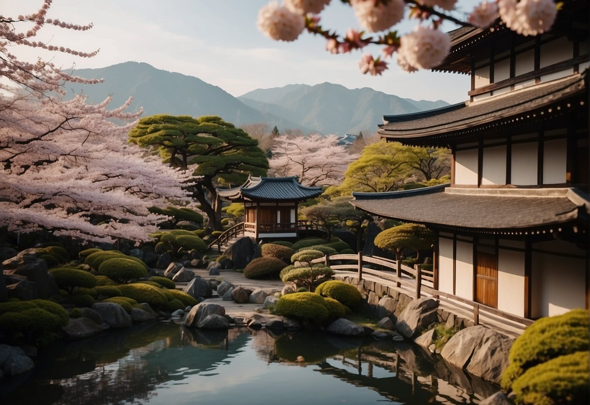 A serene Japanese garden with a traditional wooden inn nestled among cherry blossom trees, with a backdrop of ancient temples and mountains in the distance