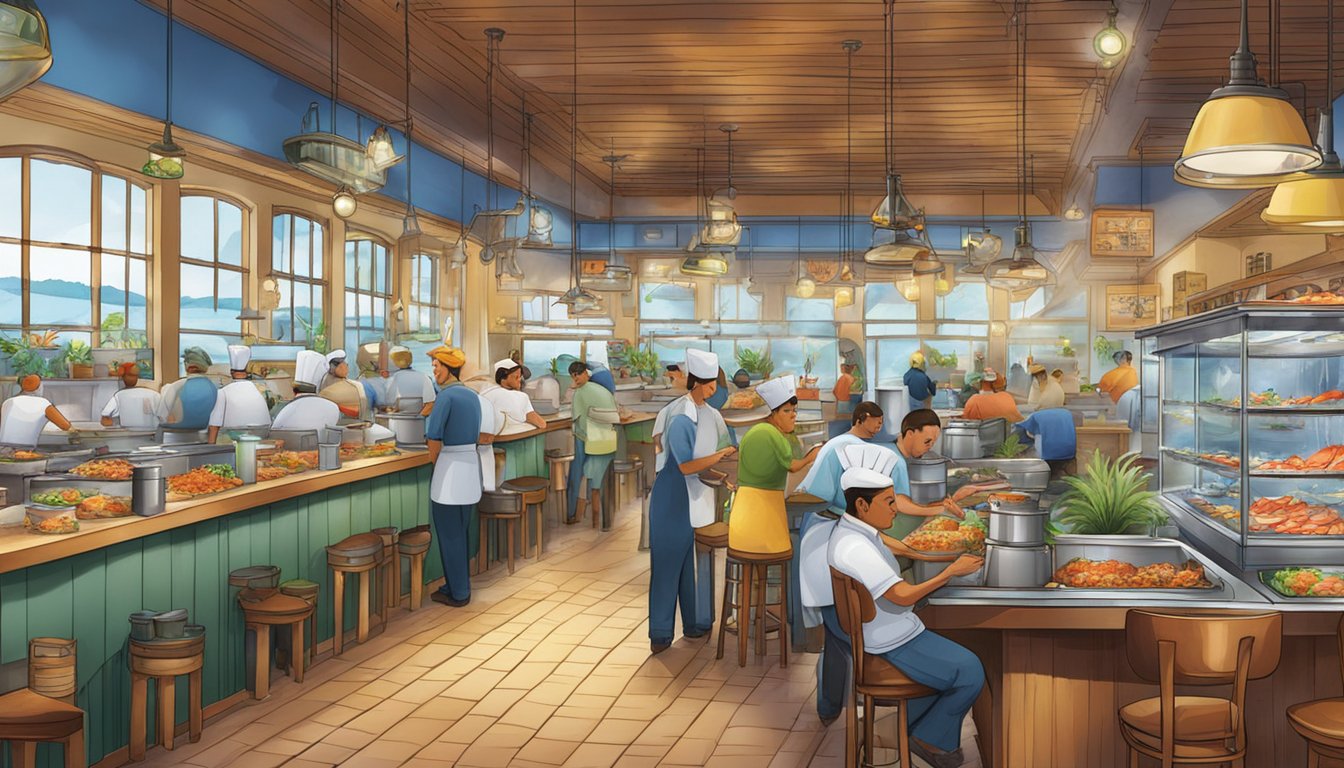 A bustling seafood restaurant with colorful fish tanks, steaming pots, and a lively atmosphere. Customers enjoy fresh catches as chefs work tirelessly in the open kitchen
