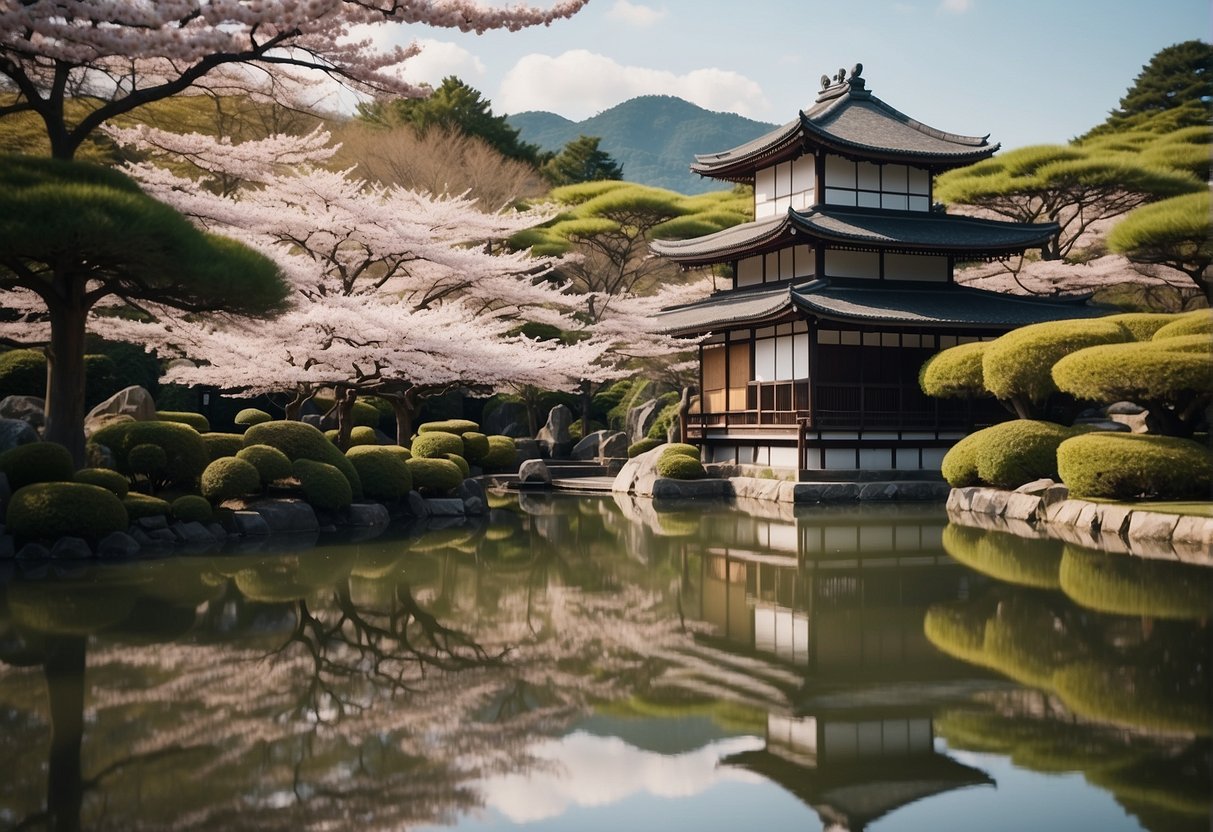 A serene Japanese garden with traditional architecture, surrounded by cherry blossom trees and a tranquil pond, showcasing the luxury stays in Kyoto