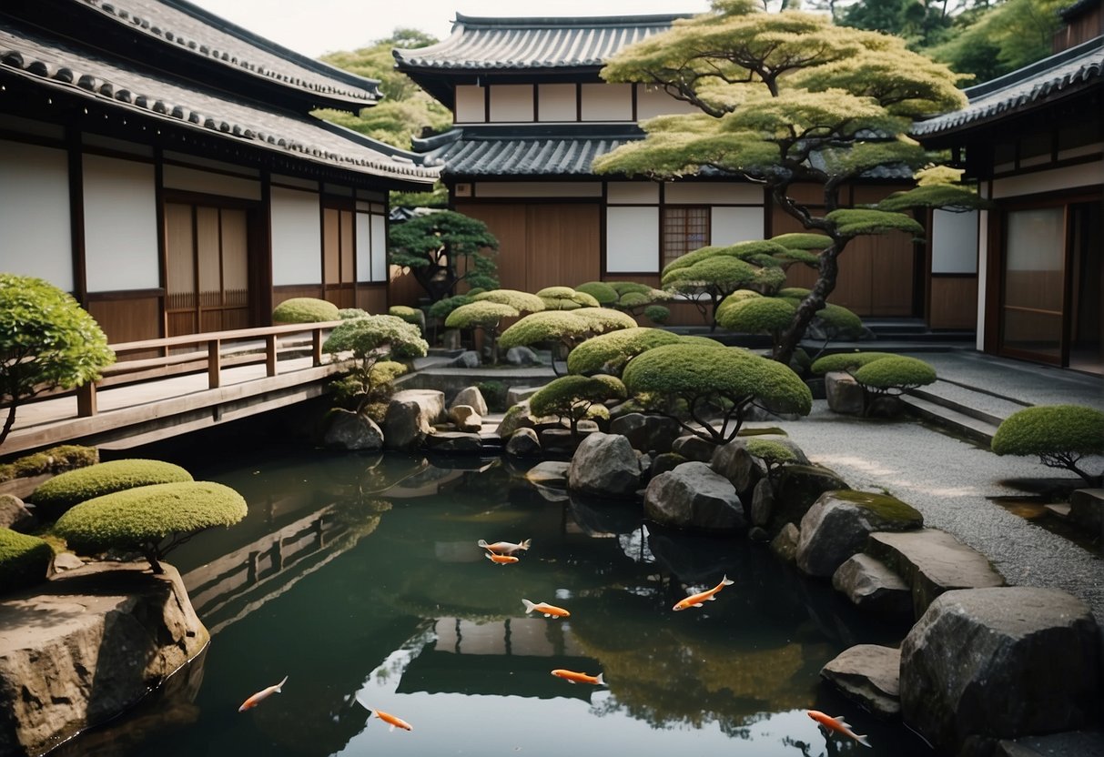 A serene courtyard with traditional Japanese architecture, surrounded by lush gardens and a koi pond, nestled within the bustling streets of Kyoto