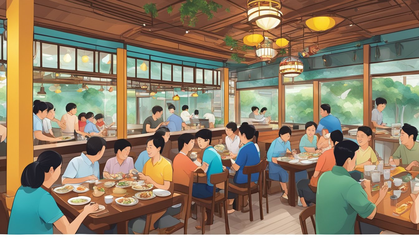 Customers enjoying fresh seafood dishes at Jin Hock Seafood Restaurant, with a bustling atmosphere and colorful decor