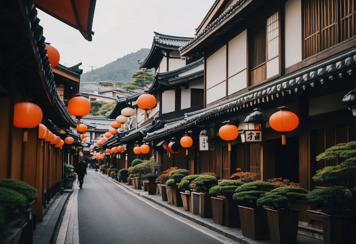 A bustling street in Kyoto lined with trendy, affordable hotels, each boasting unique architectural designs and vibrant signage