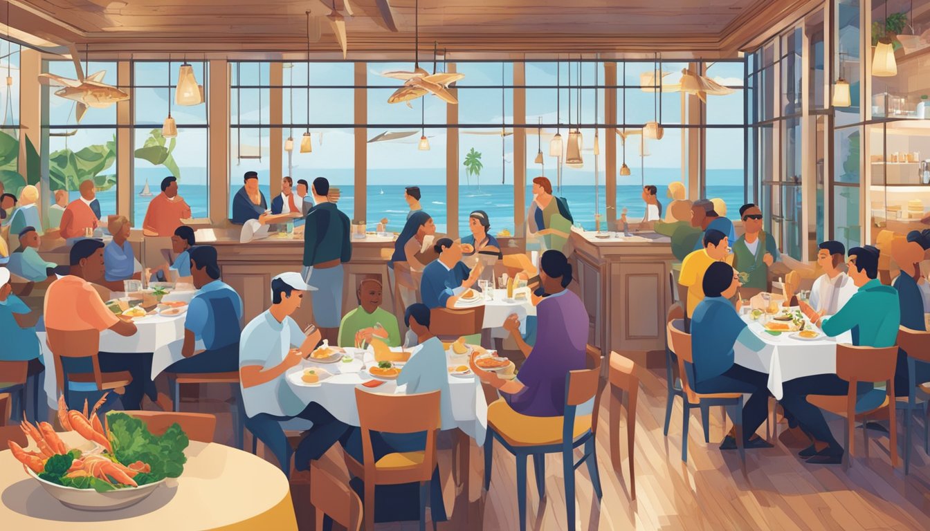 The bustling restaurant features a colorful array of seafood dishes, with diners eagerly asking questions to the attentive staff