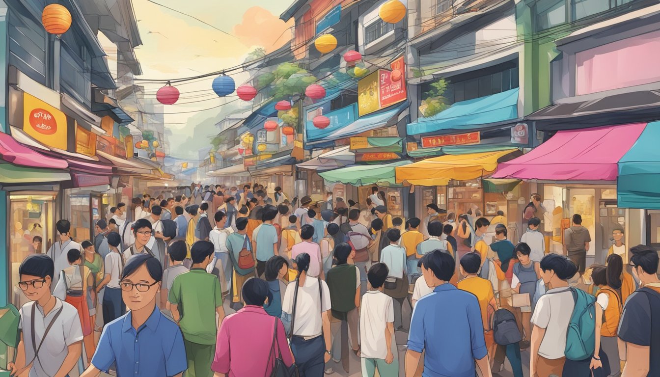 A bustling street in Bugis, with colorful signs and bustling crowds outside popular restaurants