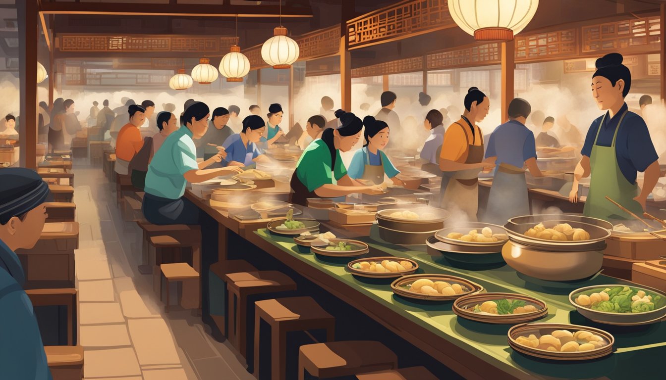 Customers enjoy a bustling dim sum restaurant, with steaming carts and colorful dishes. The aroma of fresh dumplings fills the air as diners chat and servers bustle around