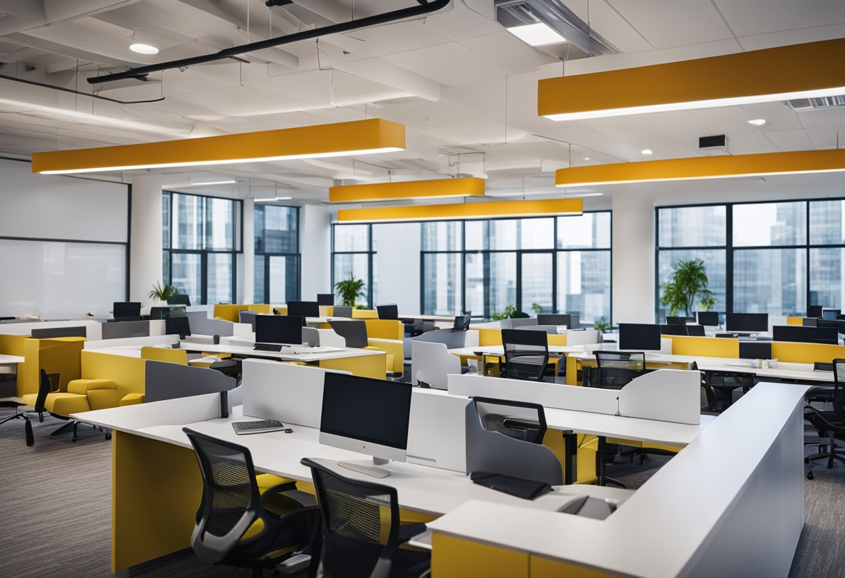 An open floor plan with modern workstations, natural light, and vibrant accent colors. Collaborative areas feature comfortable seating and whiteboards for brainstorming