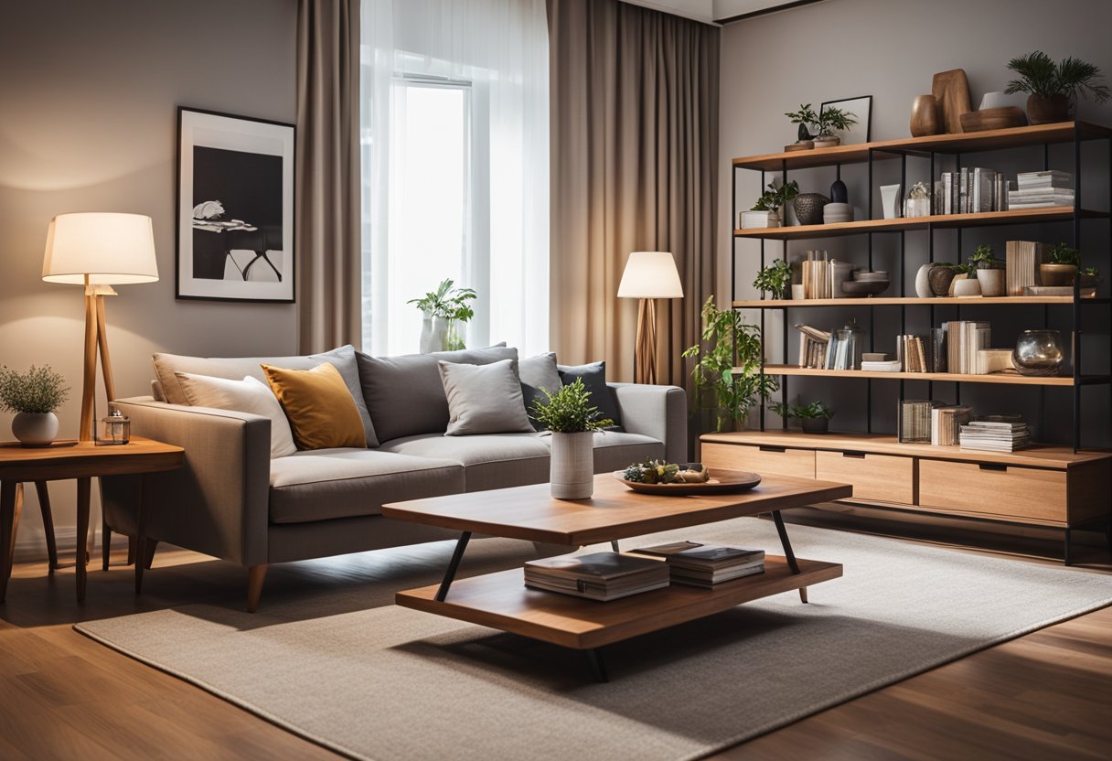 A cozy living room with teak furniture, including a sleek coffee table, a comfortable sofa, and a beautiful teak wood bookshelf. The room is filled with warm natural light, creating a welcoming and inviting atmosphere