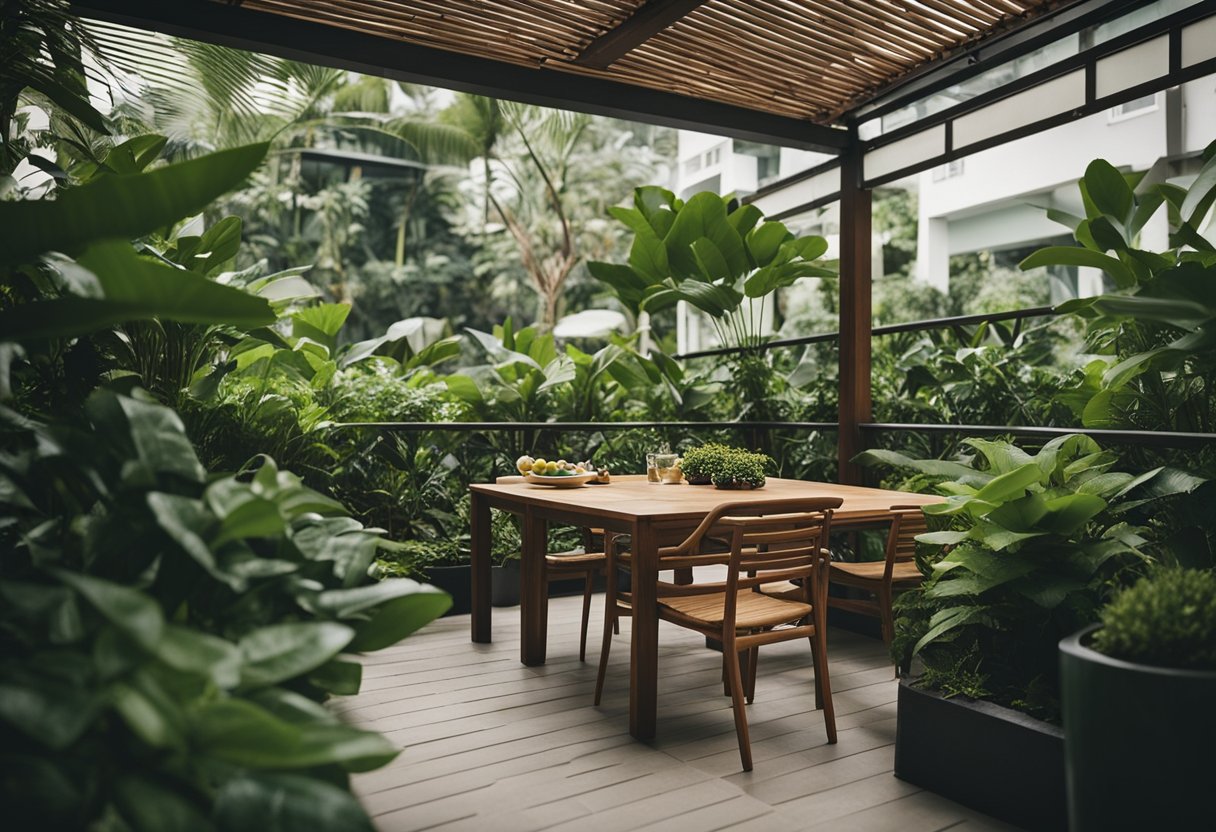 A cozy outdoor patio with a teak dining set surrounded by lush greenery in Singapore