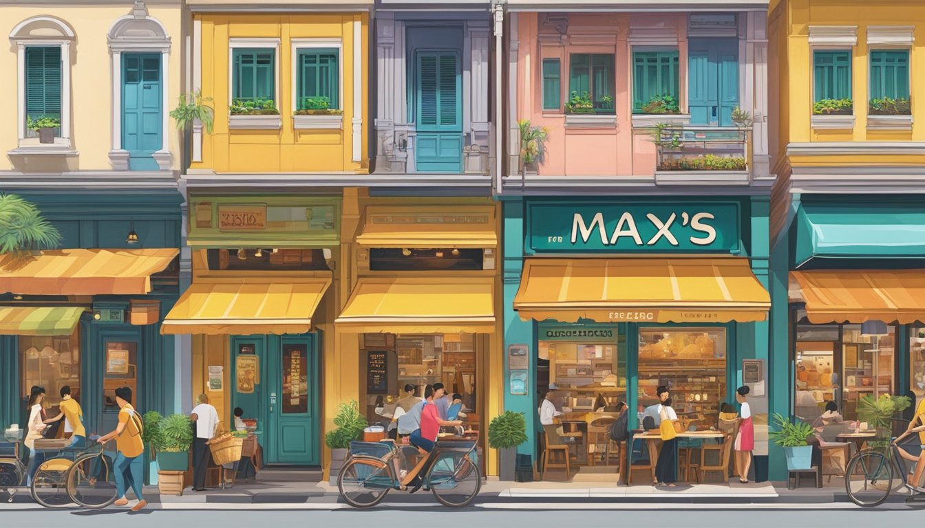 A bustling street lined with colorful shophouses leads to Max's Restaurant in Singapore, with vibrant signage and bustling activity