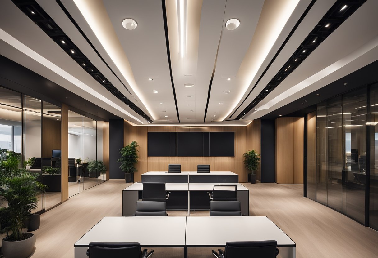 The CEO office ceiling features a modern, geometric design with recessed lighting and sleek metallic accents
