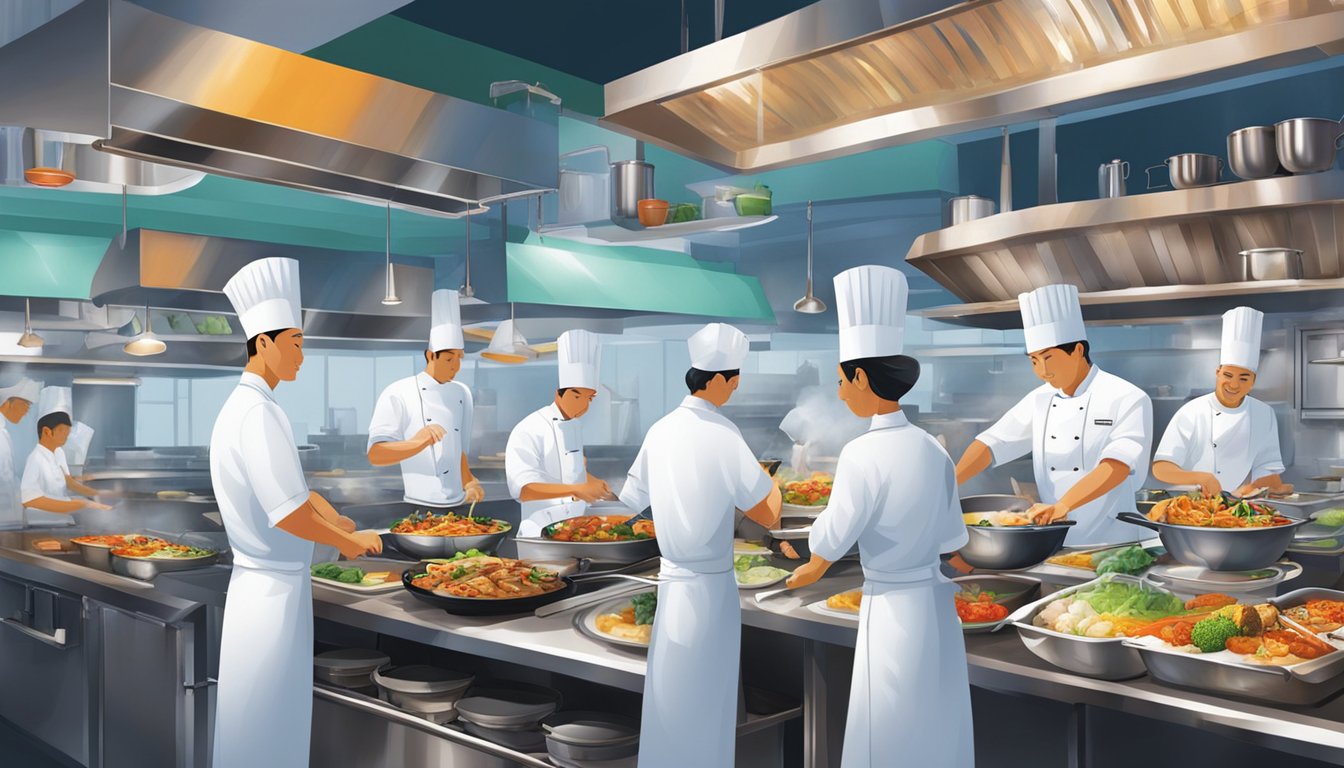A bustling kitchen with chefs preparing signature dishes at Max's Restaurant in Singapore. A colorful array of ingredients and sizzling pans create a vibrant and dynamic atmosphere