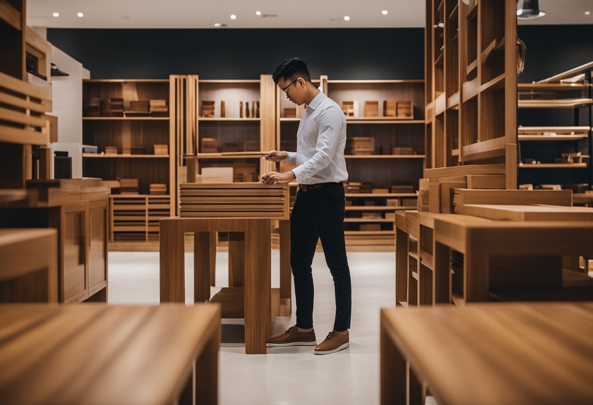 A customer carefully selects teak furniture in a Singapore showroom, considering quality and style to make their purchase count