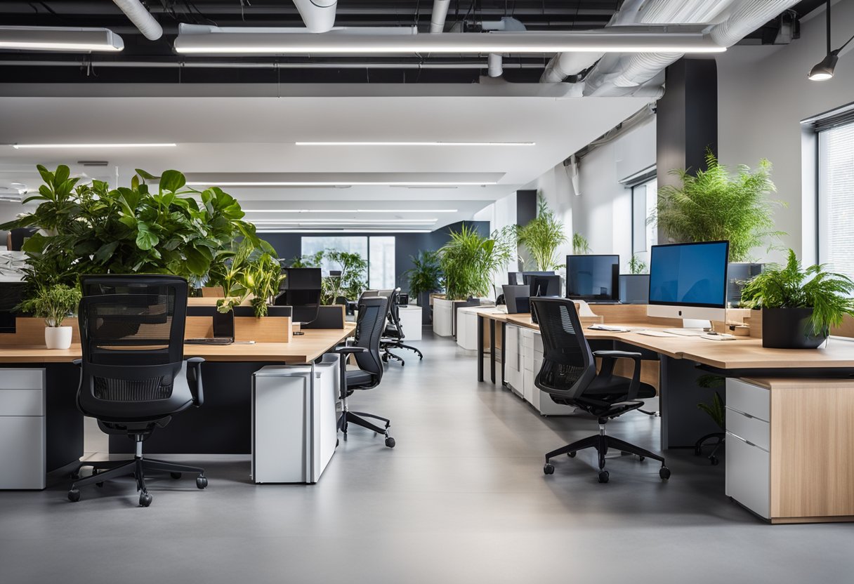 A spacious, well-lit office with ergonomic furniture, vibrant plants, and modern technology. A mix of open collaboration areas and private workstations