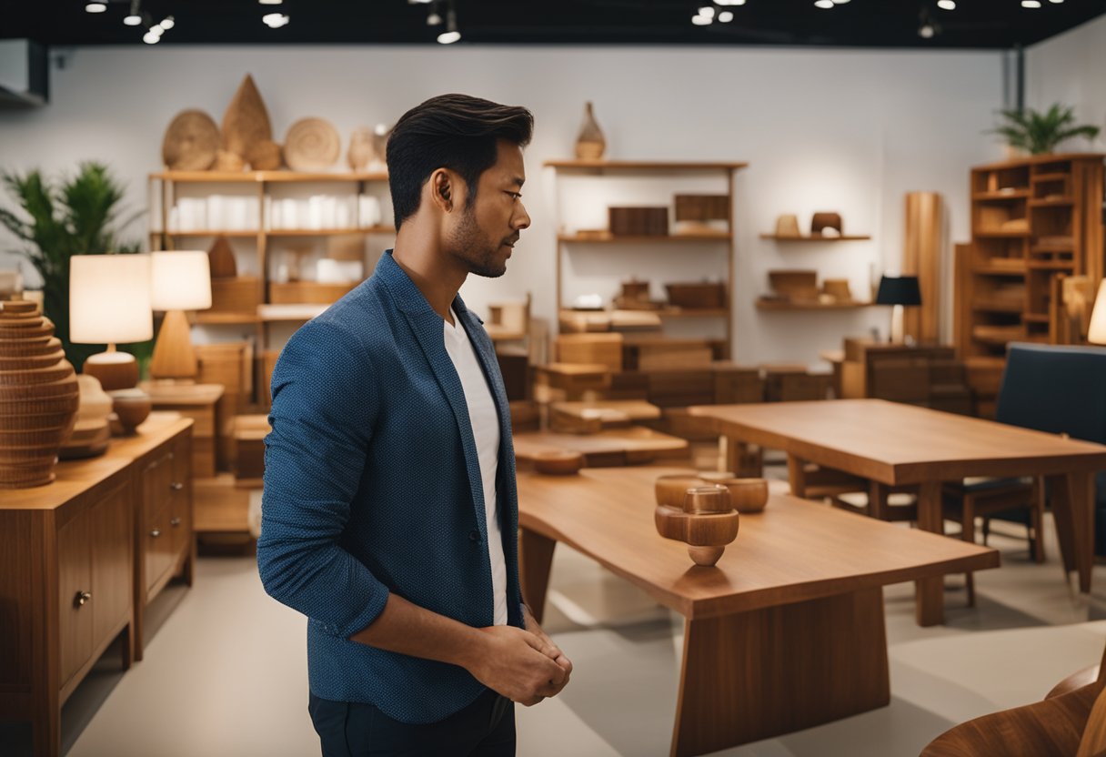 A customer browsing through a variety of teak furniture pieces in a showroom, with a salesperson nearby answering questions