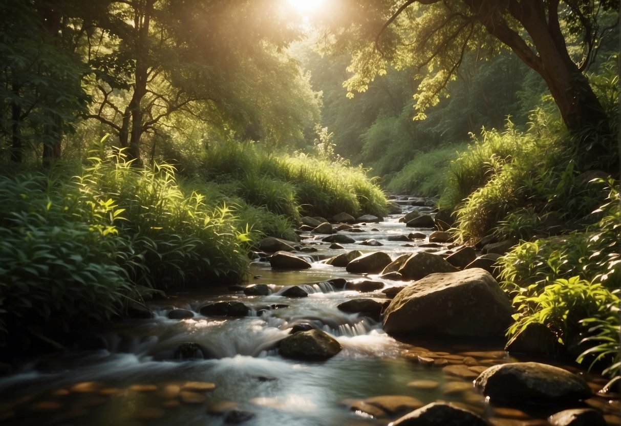 Affirmations For Health: A serene landscape with vibrant colors and lush greenery, a glowing sun shining down, and a peaceful stream flowing through the scene