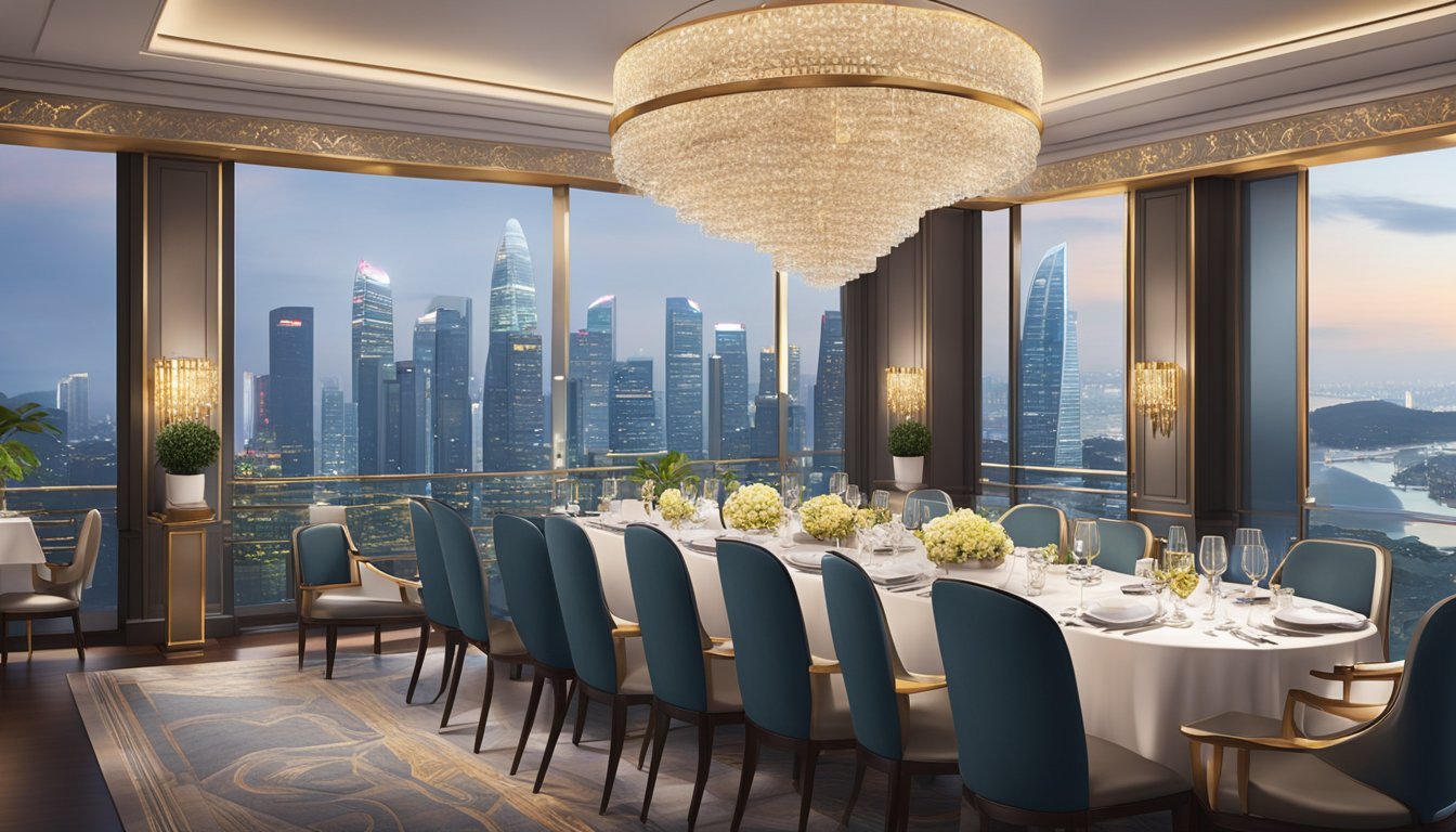 A luxurious dining room with elegant decor and opulent furnishings, showcasing a panoramic view of the Singapore skyline from the top floor of the city's most expensive restaurant