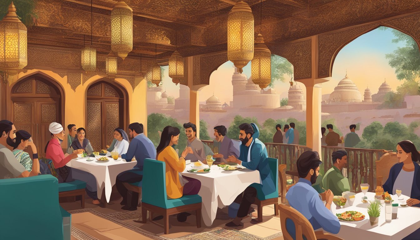 Customers enjoying traditional decor and aromatic cuisine at Khan Saab restaurant