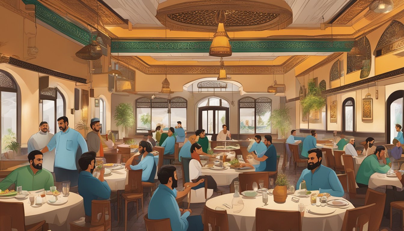 The bustling Khan Saab restaurant with customers dining, servers moving swiftly, and the aroma of spices filling the air