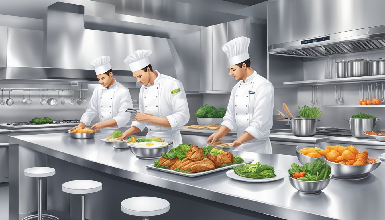Gleaming kitchen with stainless steel appliances, chefs in crisp white uniforms, plating exquisite dishes with precision and artistry
