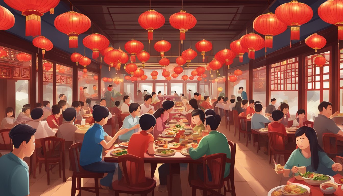 A bustling Chinese restaurant adorned with red lanterns and traditional decorations, filled with families enjoying festive meals and exchanging red envelopes
