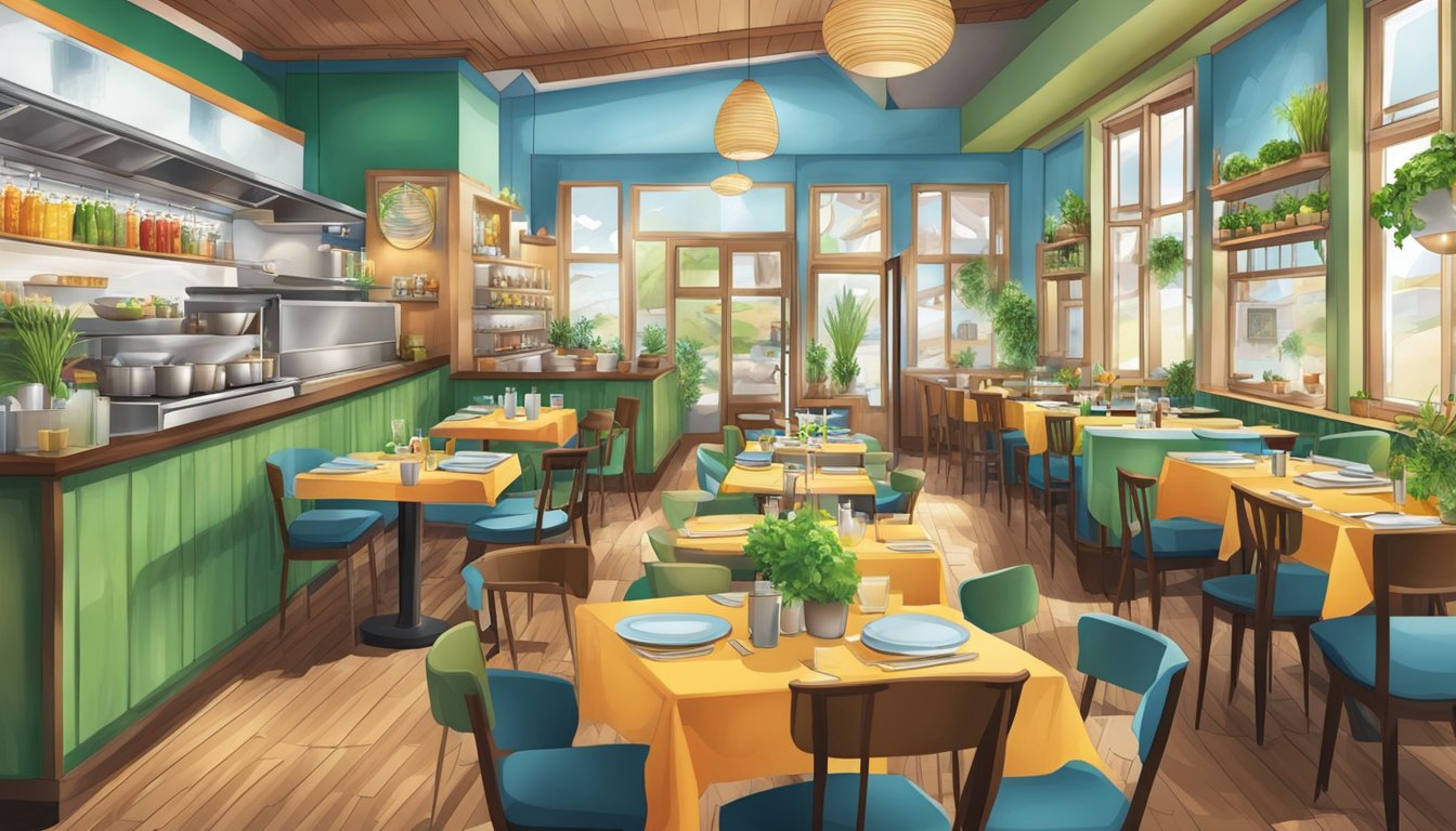 A bustling greenland vegetarian restaurant with colorful decor and a variety of fresh, vibrant dishes on display