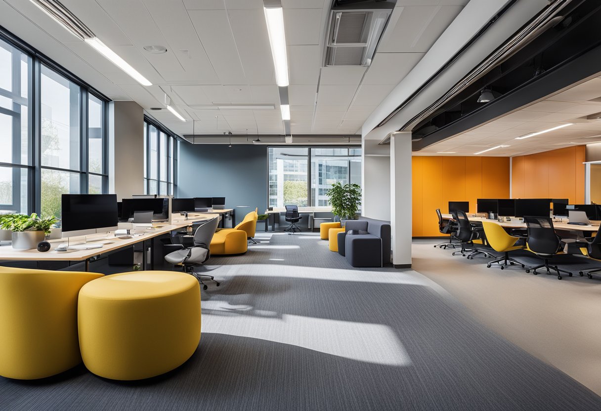 A modern, open-concept office with flexible workstations, vibrant color schemes, and collaborative meeting areas. Varied seating options and natural lighting create a welcoming and productive environment