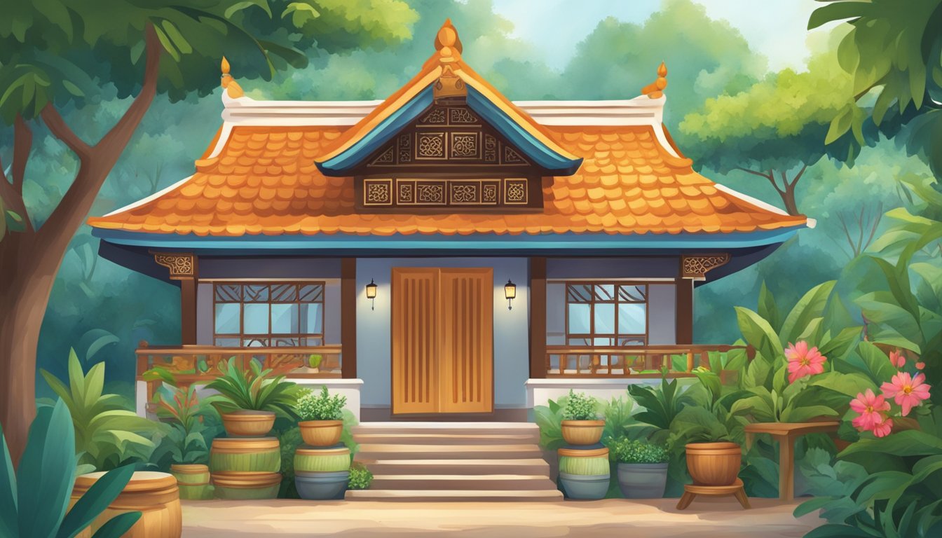 A cozy cottage with aromatic spices, vibrant colors, and traditional Nyonya decor. The entrance is adorned with lush greenery and a welcoming sign