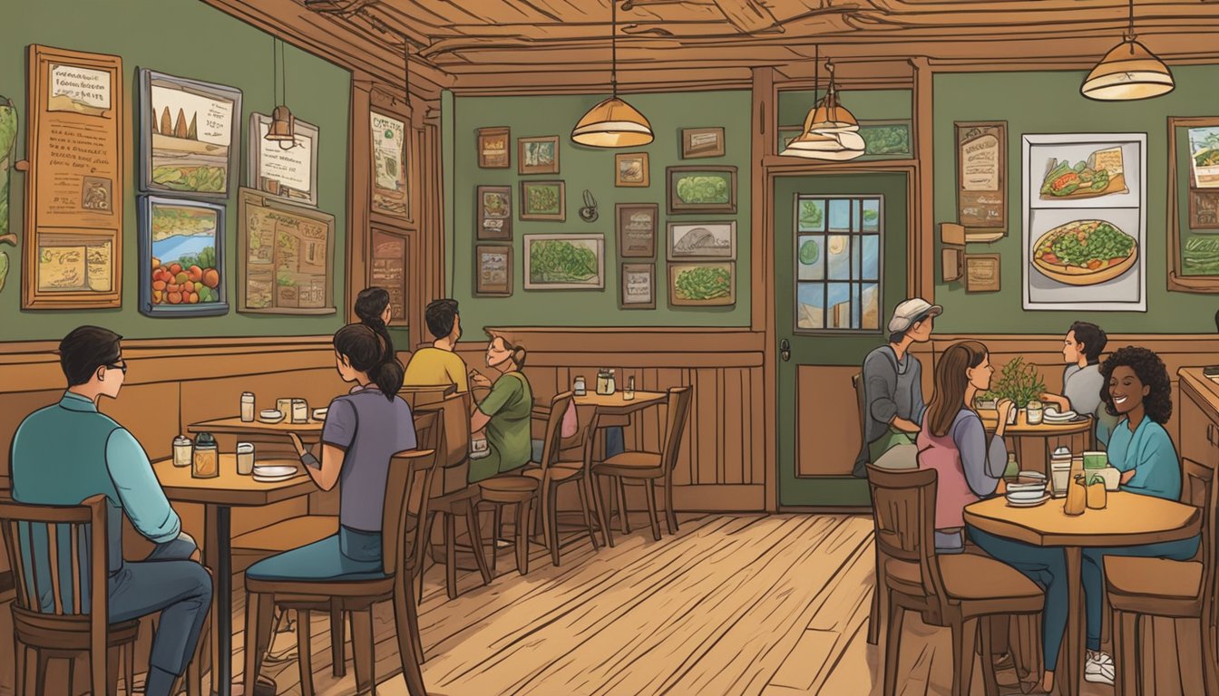 Customers enter a cozy, earth-toned restaurant. A chalkboard menu displays vibrant, fresh vegetarian options. A friendly server greets them at the door