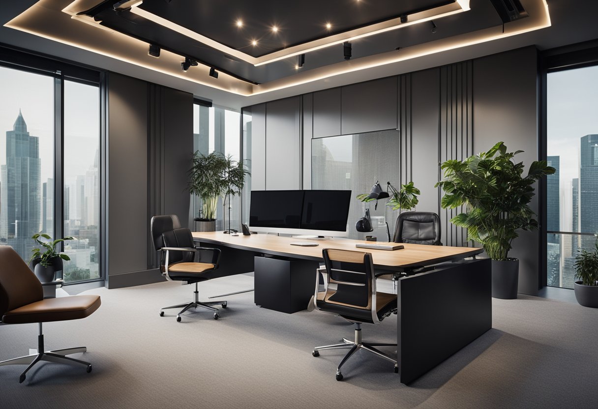 The CEO's office has a modern, minimalist design with a sleek desk, ergonomic chair, and a statement ceiling design
