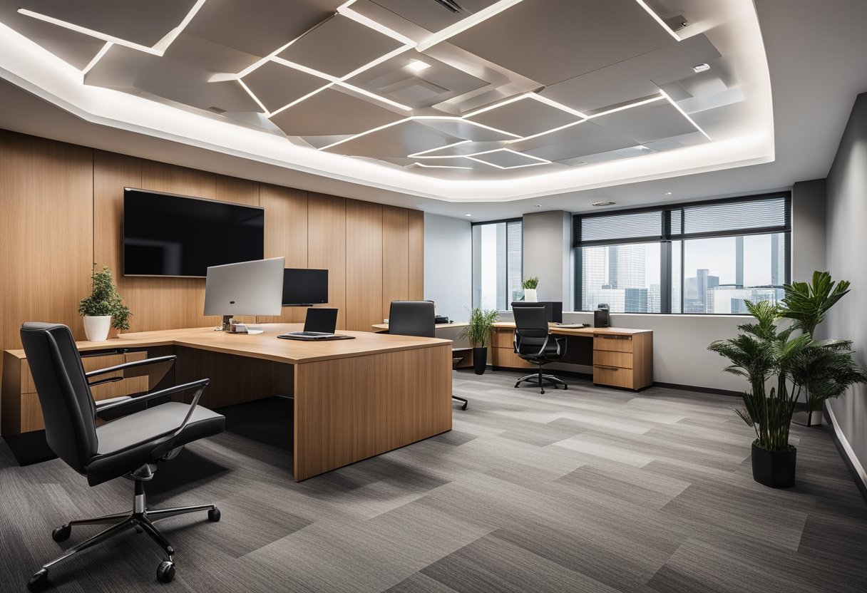 A modern, sleek CEO office with a unique ceiling design featuring angular, geometric patterns and recessed lighting for a contemporary and professional atmosphere