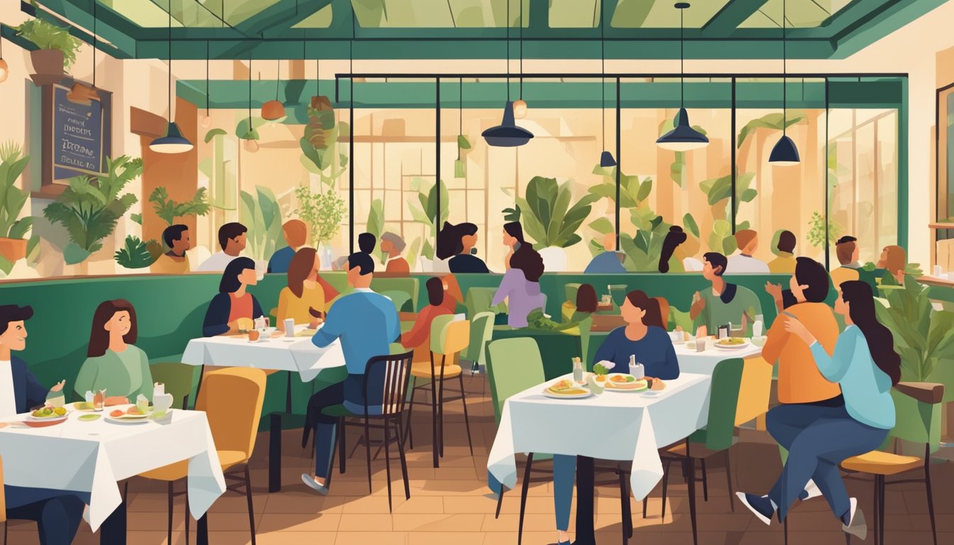 A bustling vegetarian restaurant with a prominent "Frequently Asked Questions" element displayed, surrounded by happy diners enjoying their meals
