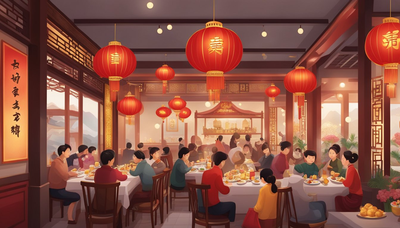 The restaurant is adorned with red lanterns and golden decorations, as families gather around tables filled with traditional Chinese New Year dishes and menus