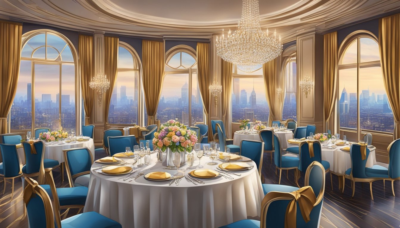 Opulent interior with lavish decor, gleaming chandeliers, and elegant table settings. Expansive windows offer a breathtaking view of the city skyline