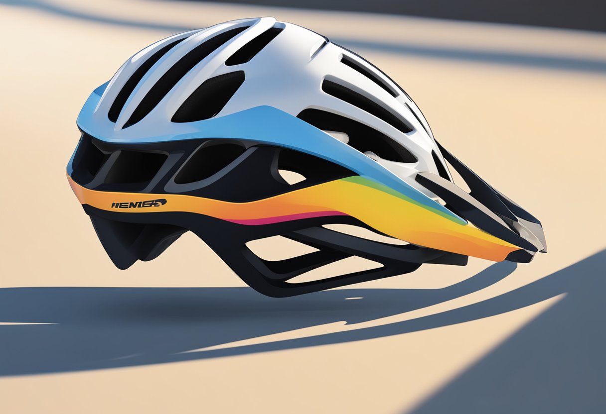 A sleek road bike helmet sits atop a handlebar, with the sun casting a shadow across its aerodynamic design