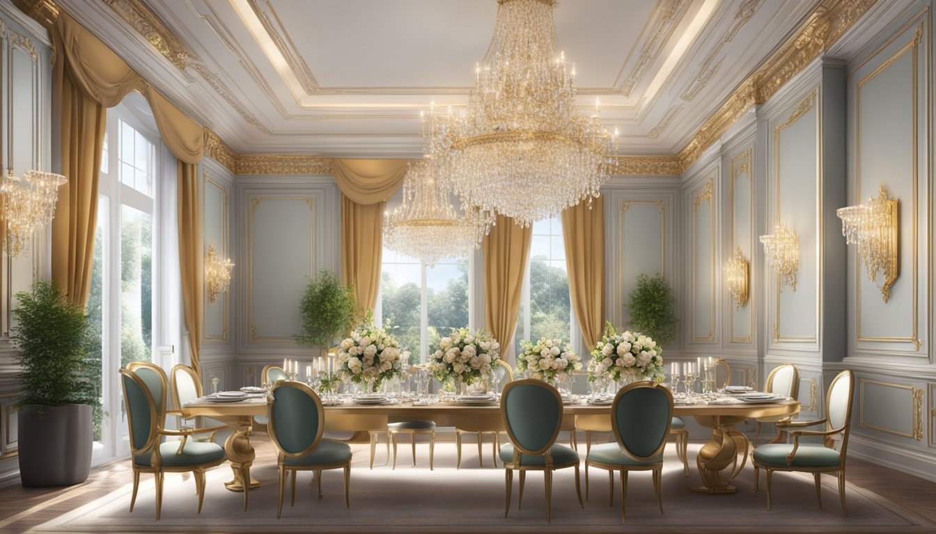 A lavish dining room with opulent decor, sparkling chandeliers, and elegant table settings. The atmosphere exudes luxury and exclusivity