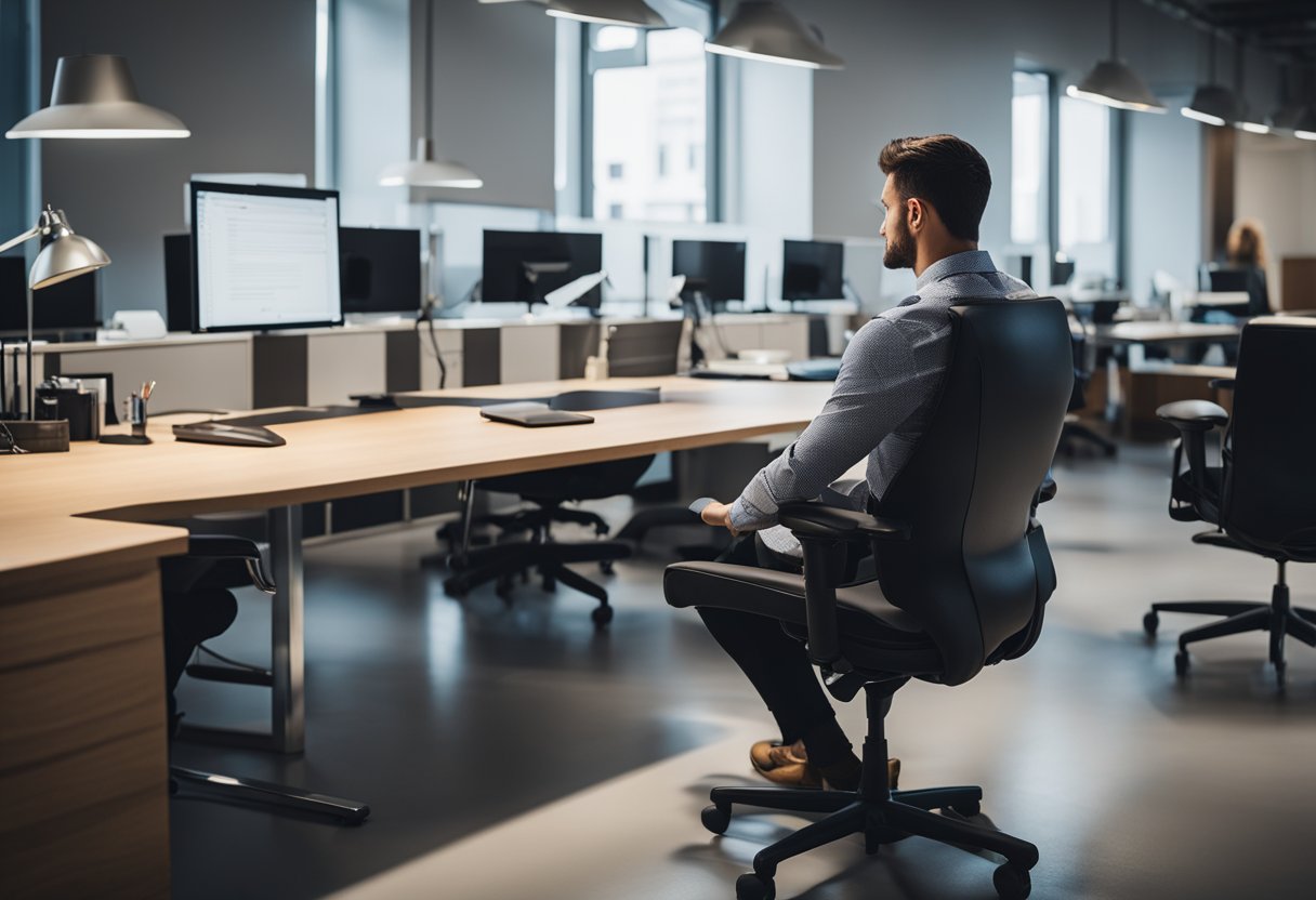 A person sits at a desk, testing different office chairs for comfort and support. Various chair designs are displayed nearby
