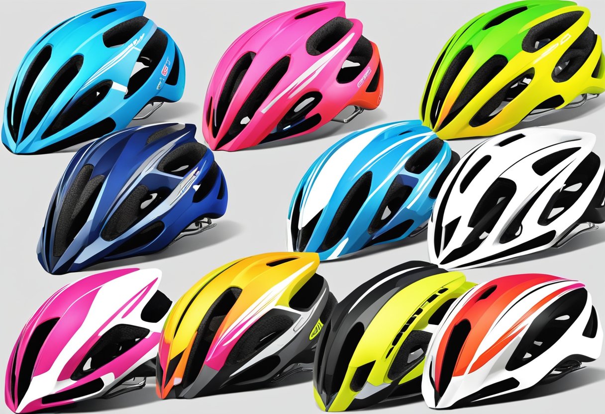 A lineup of sleek, aerodynamic road bike helmets, featuring advanced ventilation and impact protection technology. Bright colors and reflective accents add style and visibility