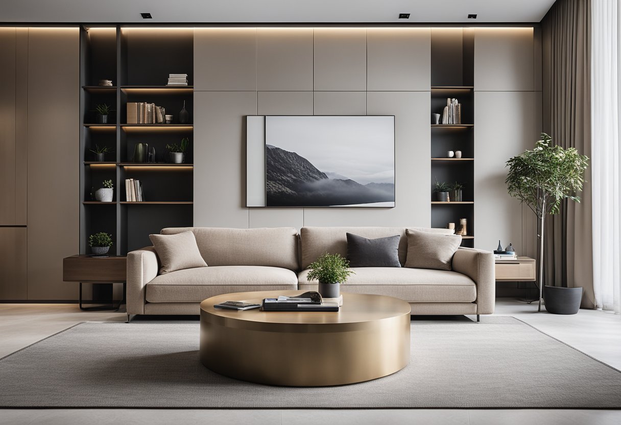 A modern living room with sleek storage furniture in Singapore. Clean lines, minimalistic design, and a neutral color palette