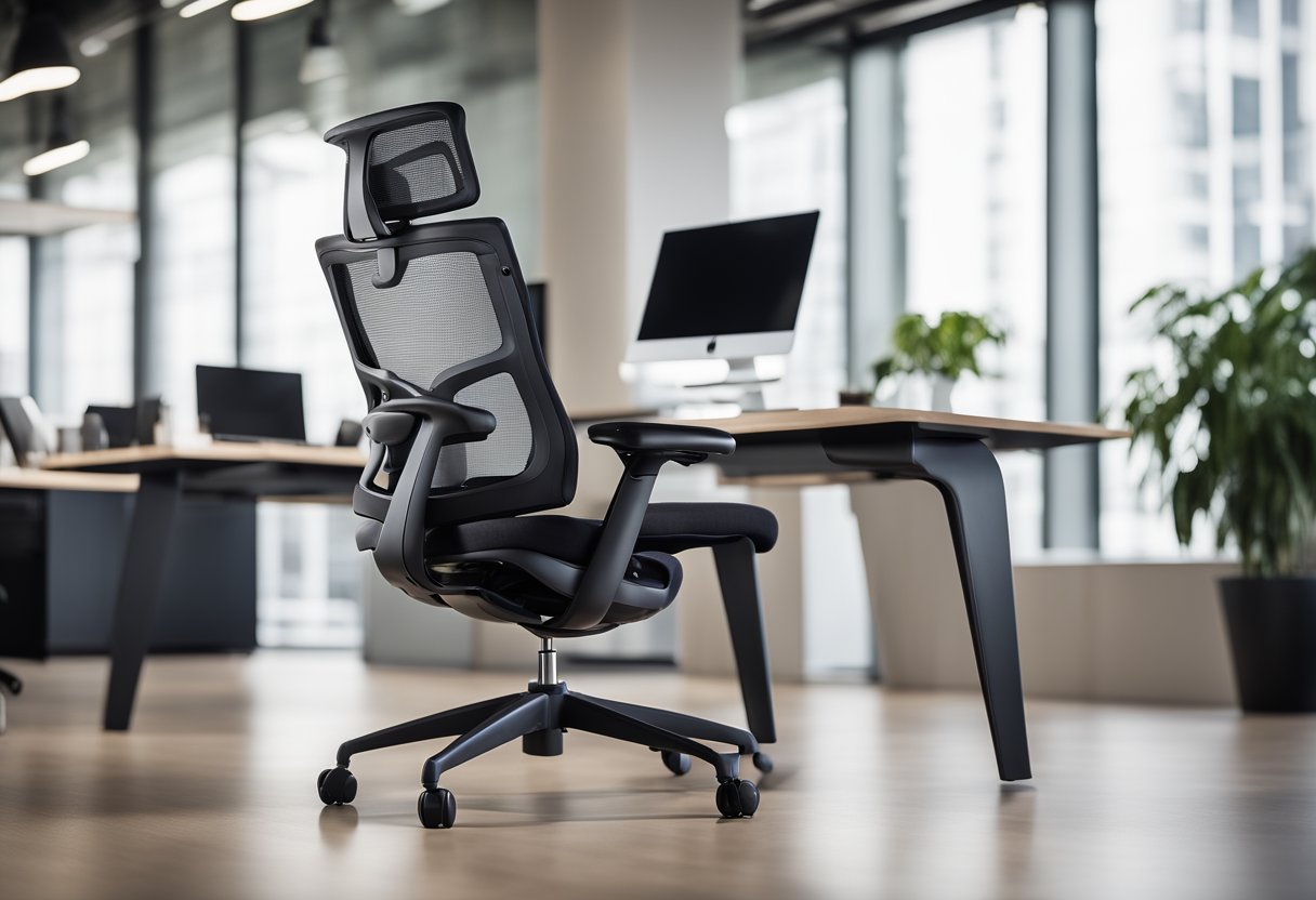 A sleek, ergonomic office chair with adjustable lumbar support and breathable mesh backrest, set against a modern, minimalist workspace with a large desk and natural lighting