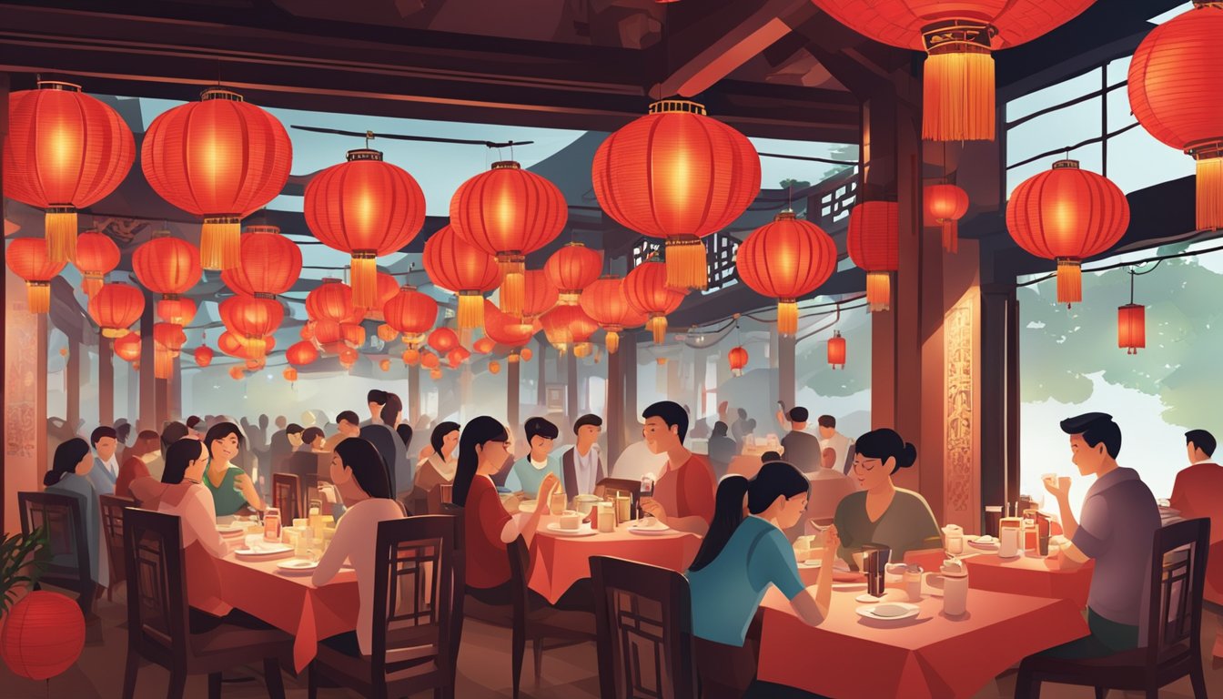 A bustling Chinese restaurant decorated with red lanterns and traditional paper cutouts, filled with diners enjoying a festive atmosphere