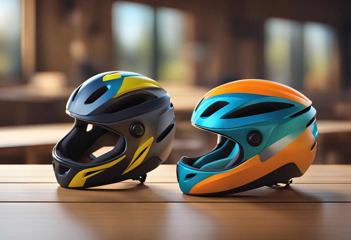 Two sleek road bike helmets rest on a wooden table, their vibrant colors and aerodynamic shapes catching the light