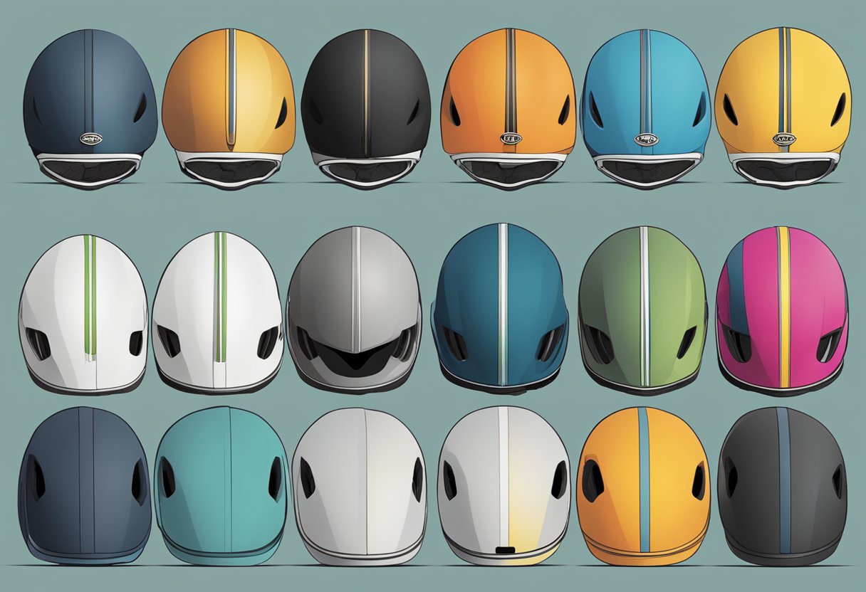 A series of sleek road bike helmets arranged in chronological order, showcasing the evolution of style and design