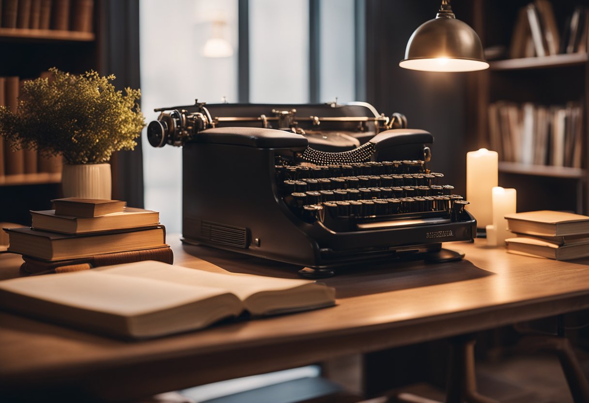 A warm, inviting office with a plush armchair, soft lighting, and a crackling fireplace. Shelves lined with books and a desk adorned with a vintage typewriter complete the cosy design